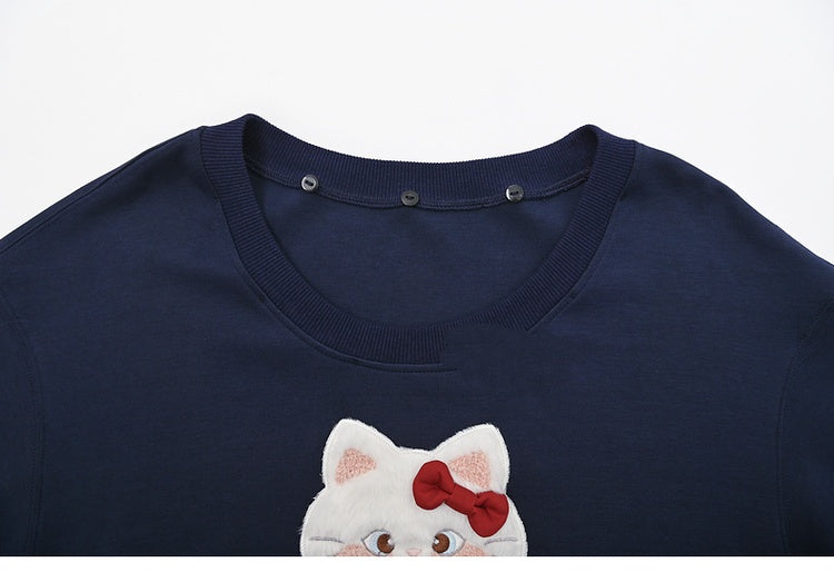 Sweatshirt with Detachable Red Applique Navy Kitty Embroidery Blue Collar Plaid