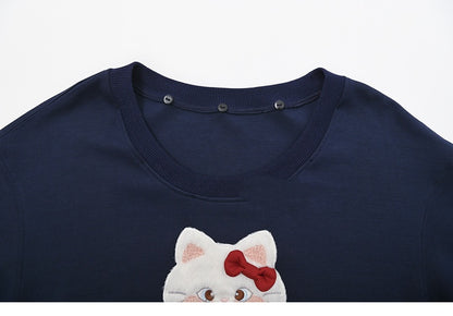 Sweatshirt with Detachable Red Applique Navy Kitty Embroidery Blue Collar Plaid