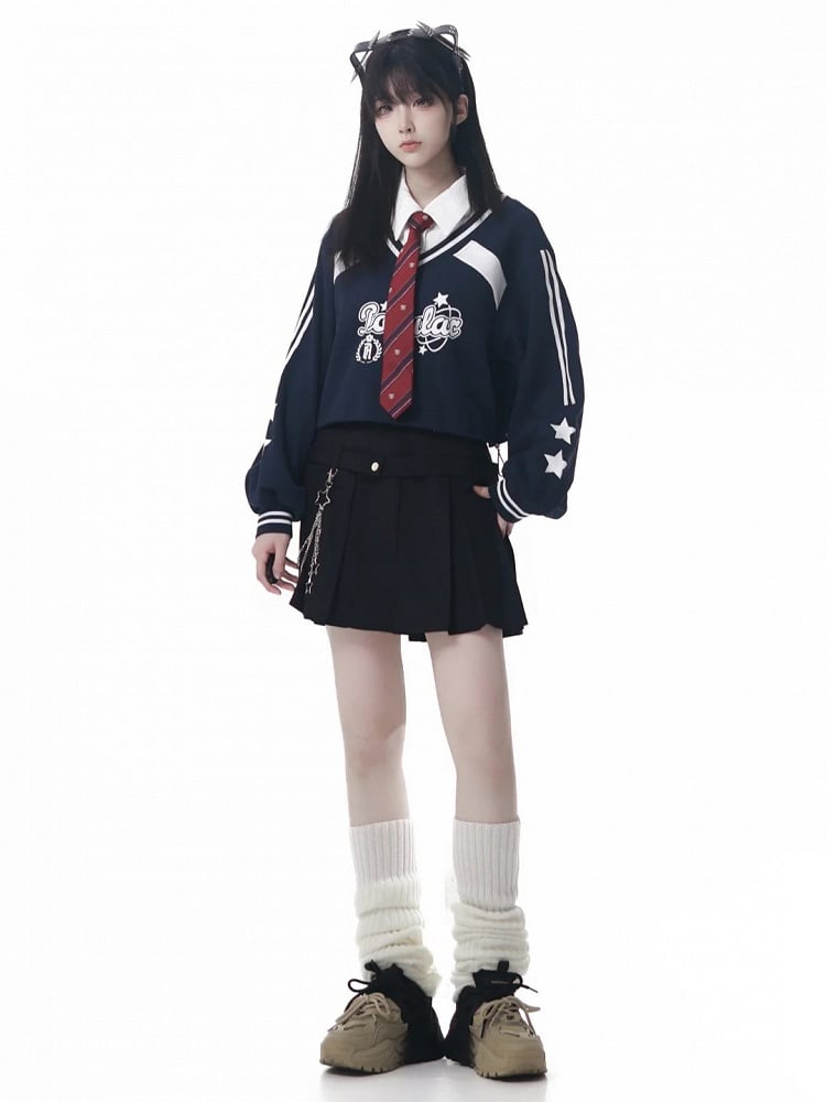 with Collegiate Version Faux Wine Long/Short Blue Star Sweatshirt Red/Navy Two-Piece Print in