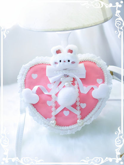 Bunny Design Plush Pink Decorated Beaded Heart-shaped Pattern Crossbody Bag Pompon Heart With