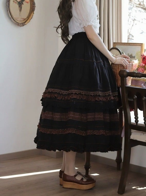 Vintage Black Skirt with Coffee Lace Trim - Tiny Garden