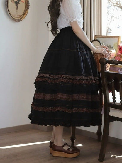 Vintage Black Skirt with Coffee Lace Trim - Tiny Garden