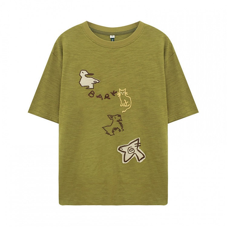 Decoration Patch T-shirt Animal Green Kawaii with Embroidery