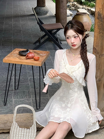Sheer Apricot Blouse with Ruffled Hem - Qchiwawameme