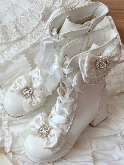 White Sweet Lolita Boots with Elegant Lacing - Sheep Puff