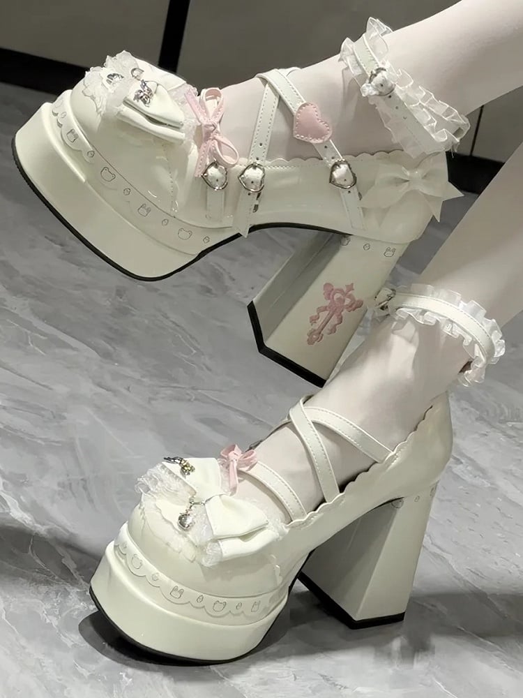 in Heels White Block High Sweet PU Decor Leather Bow -