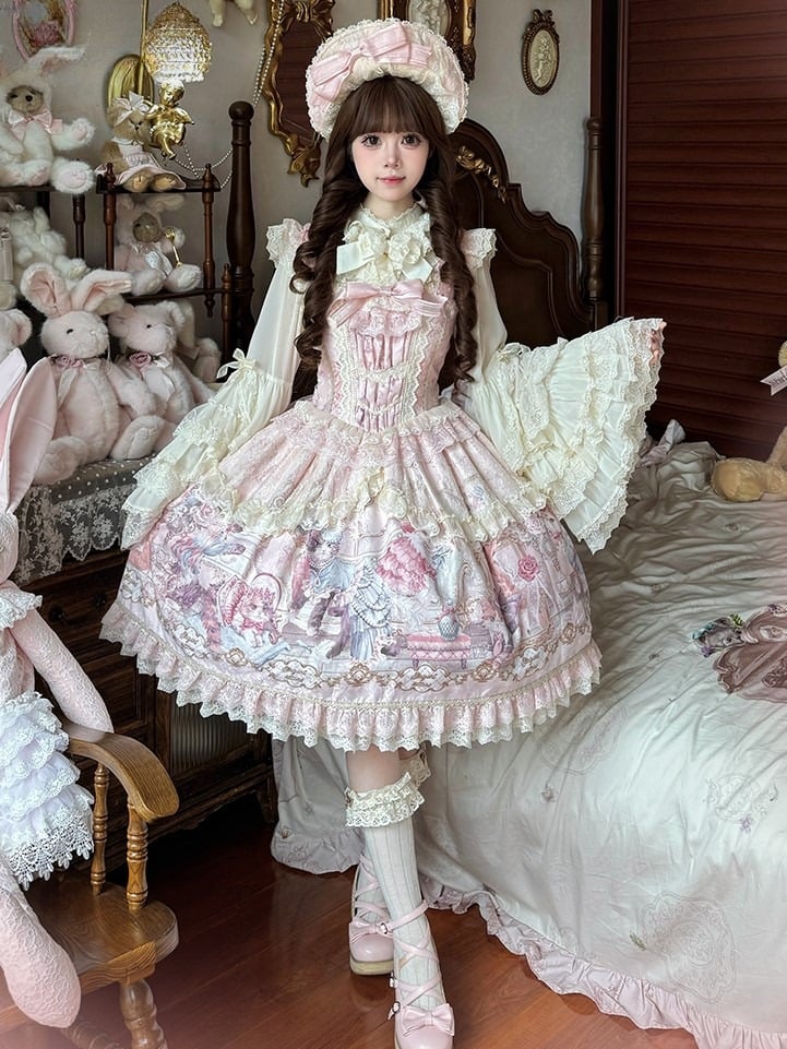 Sleeves Pink Cat Dress Flutter Trim and Bow Lace Print Accents Sweet with Lolita JSK