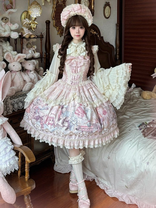 Sleeves Pink Cat Dress Flutter Trim and Bow Lace Print Accents Sweet with Lolita JSK
