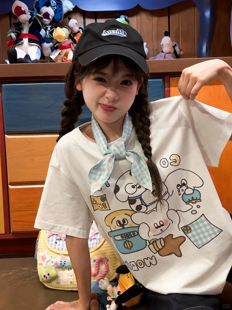 Cotton T-shirt Adorable Animal Print White Round Neck Loose