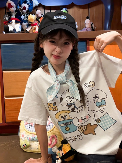 Cotton T-shirt Adorable Animal Print White Round Neck Loose