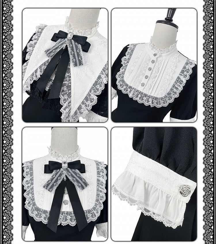 Black Kei Top Lace Set- Tie Detachable Gothic Short Faux Sleeve + Pointed Full Jirai Bow Collar Red Cape Coord Shorts