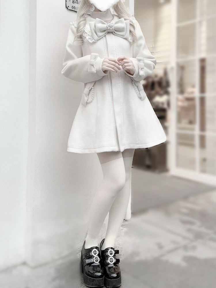 Lace-Detailed Sailor Collar Coat - Jirai Kei Beige Wool Blend with Bow Pockets & Beaded Chain
