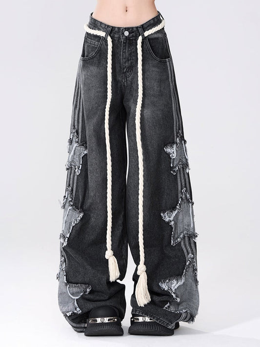 Low Grey Waist Wide-Leg Jeans with Frayed Star Patchwork