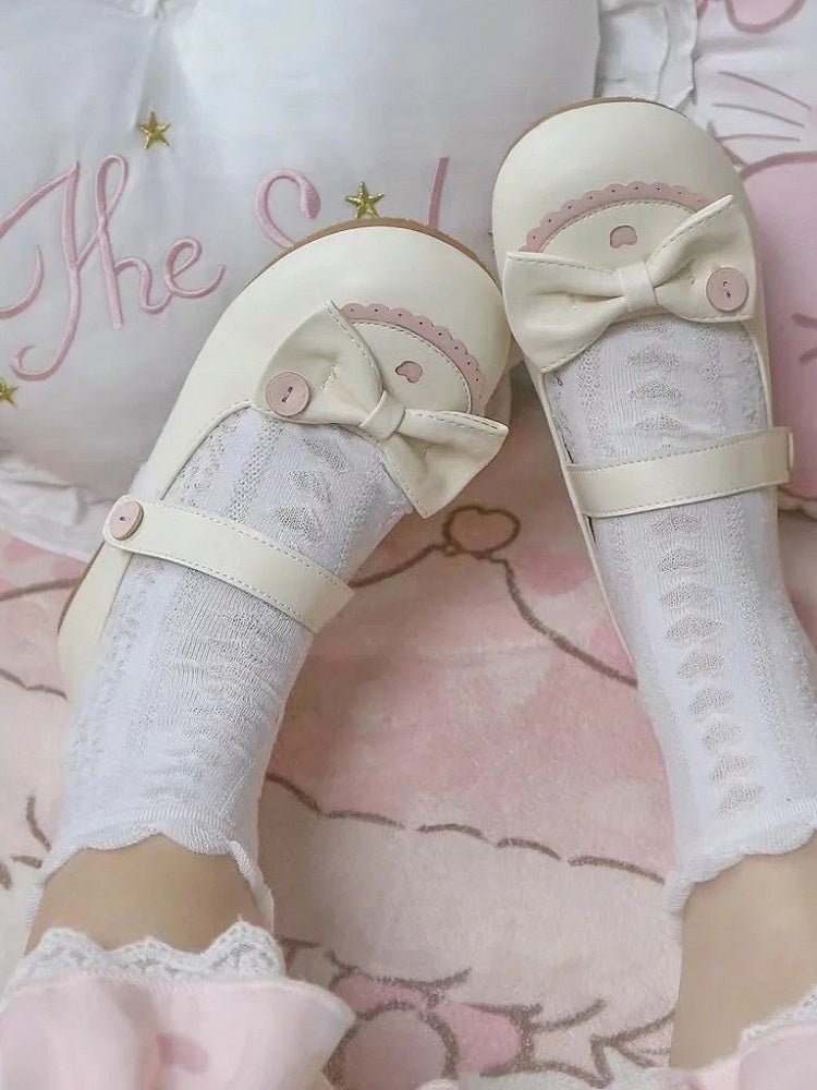 Top Beige Closures Sweet Bow Design Details Strap Pink Flats Toe Velcro Round Button with PU