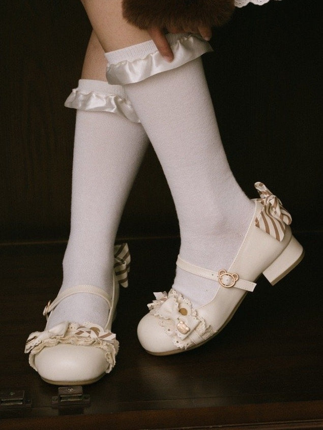 Adorable Bear Mary Off-white Ears Janes Low-heel PU with