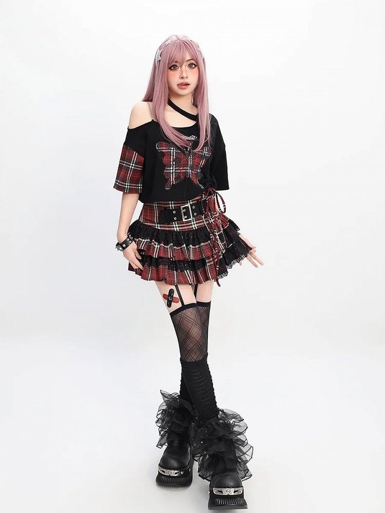 Red Butterfly Applique Black Asymmetrical Neckline T-Shirt Y2K Plaid