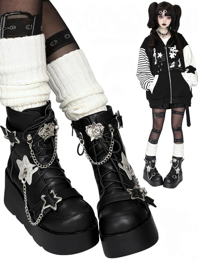 Star Details, Detachable Chains & Tri-Closure Design PU Black Platform Boots in Punk Style