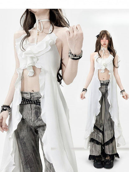 Weißes Neckholder-Urlaubs-High-Low-Top