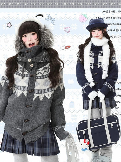 Daily Navy Jacquard with Blue/Grey Cardigan Pattern Closure Toggle Kawaii Button
