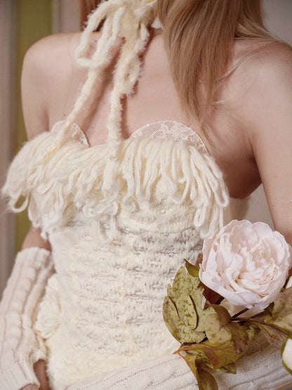 Cream with White Bow Corset Accents Knitted Lace Fuzzy