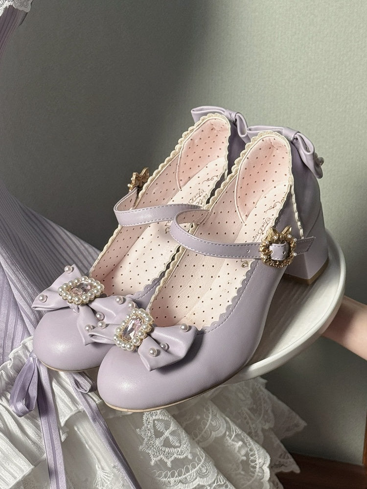 ジェーンズ ボウノット ロリータ ディテール ビーズ装飾 メアリー ラインストーン トゥ ラウンド シューズ パープル