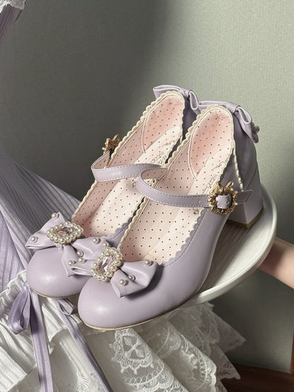 ジェーンズ ボウノット ロリータ ディテール ビーズ装飾 メアリー ラインストーン トゥ ラウンド シューズ パープル