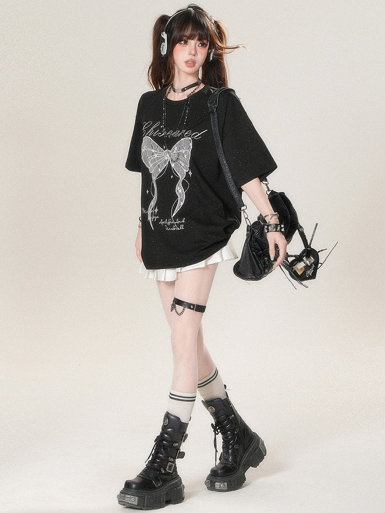 かわいいTシャツプリントアップリケとデイリーレターボウスタービッグホワイト/ブラック