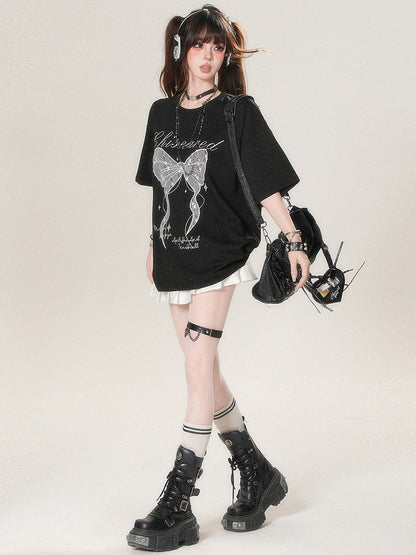 かわいいTシャツプリントアップリケとデイリーレターボウスタービッグホワイト/ブラック