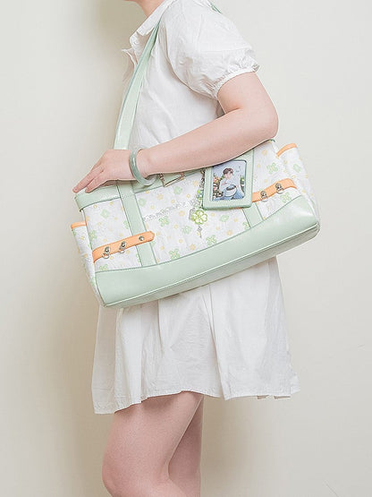 White Green Clover-Themed Large Capacity Tote Ita Bag with Strap Accents And Detachable Ita Card Holder