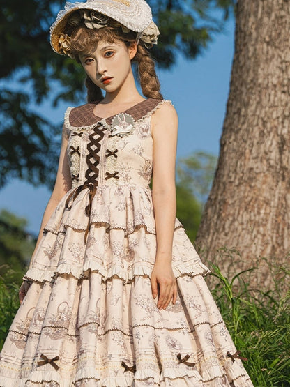 Beige & Brown Floral Print Tiered Ruffles Elegant Classic Lolita Dress with Plaid-Patterned Collar