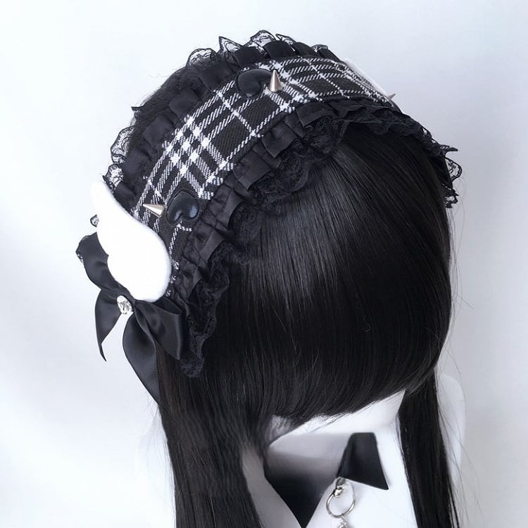Trim Plaid Hairband Details Studs Black/Red Lace with