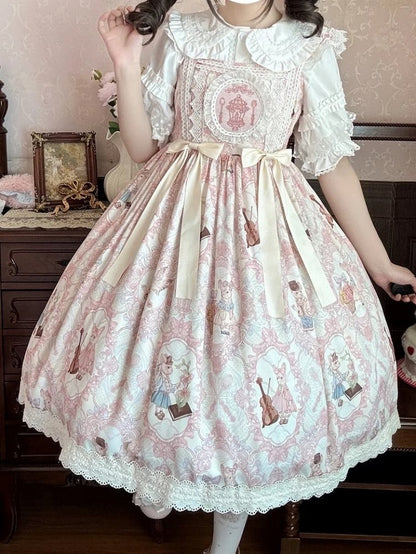 Violin Print and Sweet Waist Lolita Yellow Bunny Light Dress JSK High