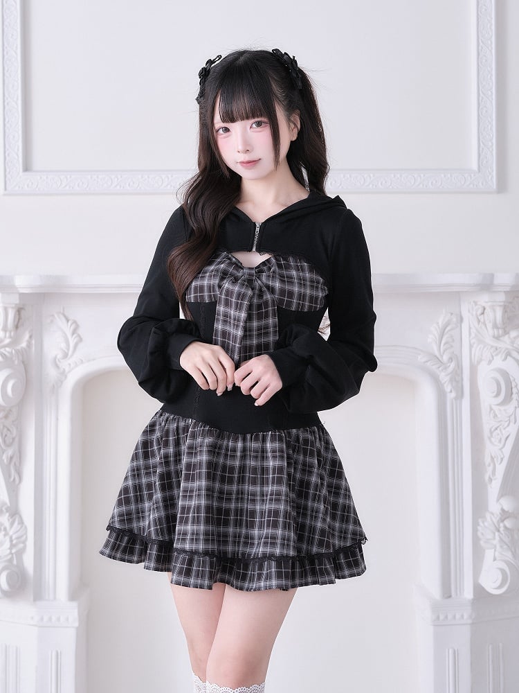 Black Dress Sleeve With Kei Design Plaid Long Jirai Hooded