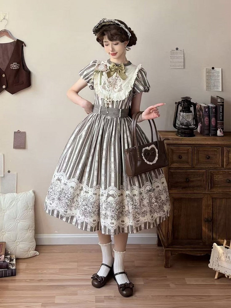 Bodice Pattern and Bowknot Lolita Piece Classic Embroidery Version Brown Long One Striped Floral