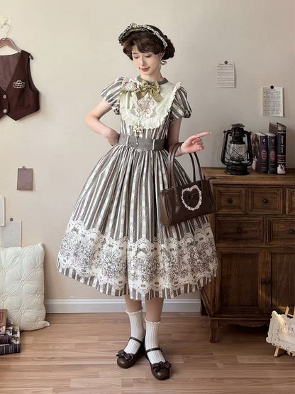 Bodice Pattern and Bowknot Lolita Piece Classic Embroidery Version Brown Long One Striped Floral