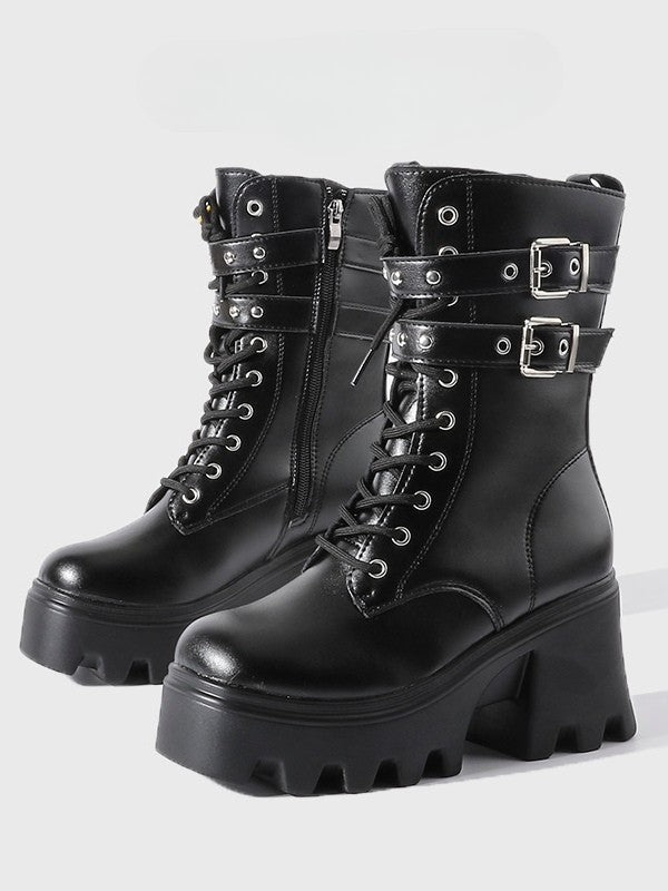 Chunky Lace-Up Heel Closure Dual System Punk on with Platform - Inner Buckle Zip Boots Black