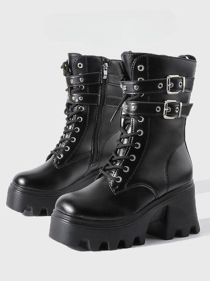 Chunky Lace-Up Heel Closure Dual System Punk on with Platform - Inner Buckle Zip Boots Black