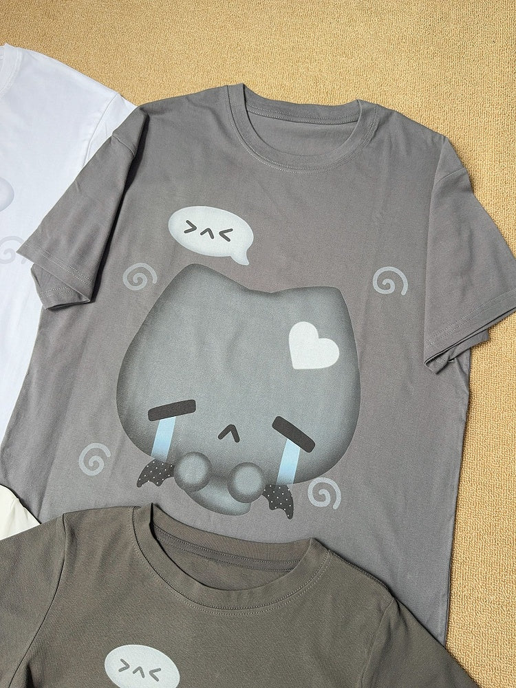 Crying Design with Gray Print Crewneck T-shirt Loose Cotton Version Cat