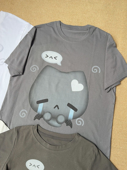 Crying Design with Gray Print Crewneck T-shirt Loose Cotton Version Cat