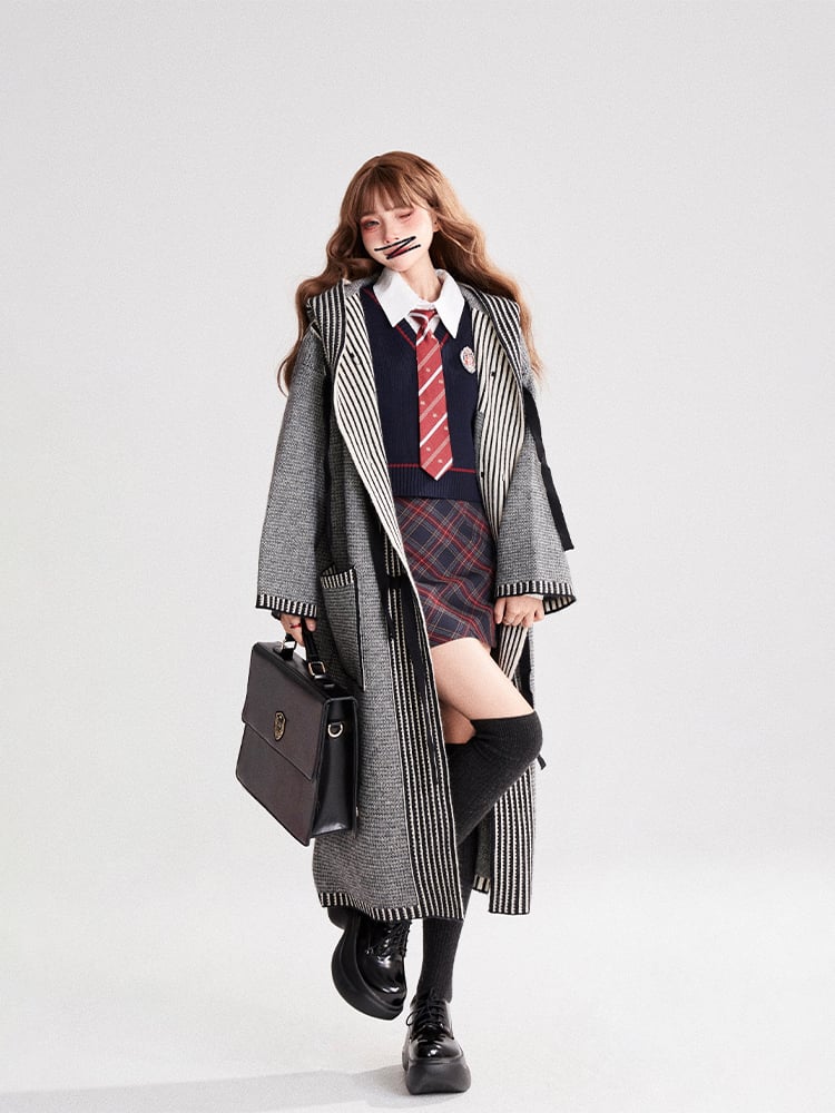 Cardigan Coat Tie-Front Closure Striped Bow Preppy Vintage with Gray Hooded