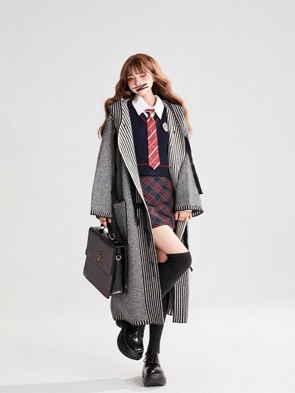 Cardigan Coat Tie-Front Closure Striped Bow Preppy Vintage with Gray Hooded