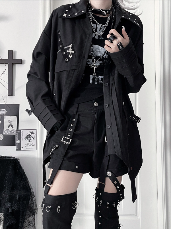 with Black Hem Back Long-Sleeve Punk Shirt Cross Print Asymmetrical