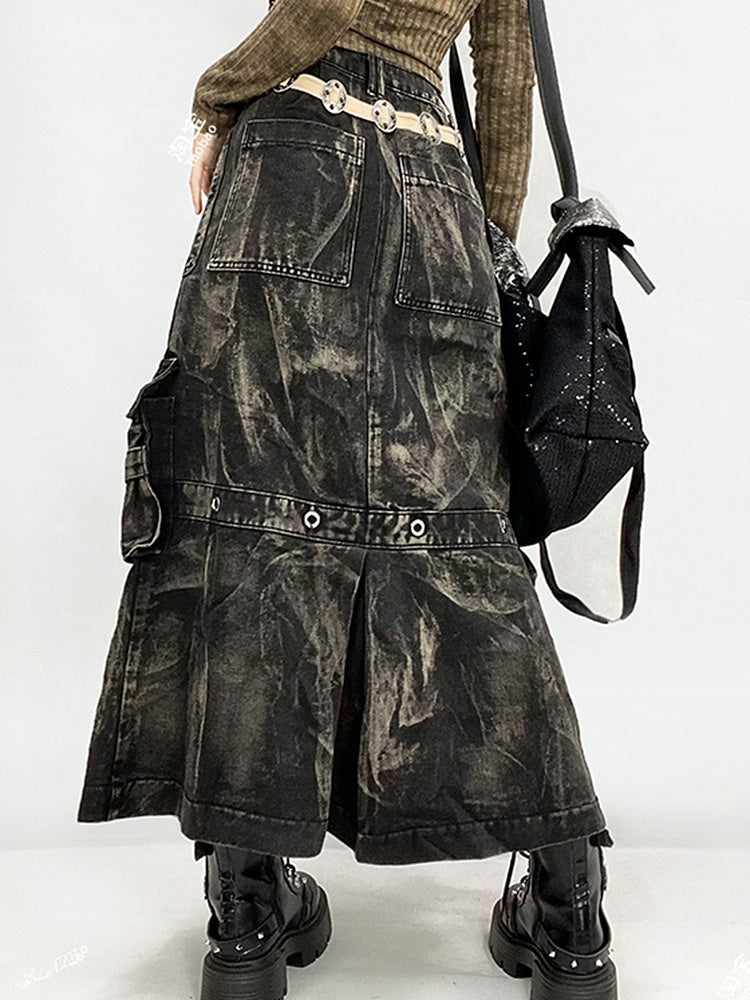 Punk Cargo Skirt with Faded Wash and Pockets - ReddaChic