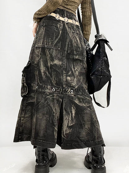 Punk Cargo Skirt with Faded Wash and Pockets - ReddaChic