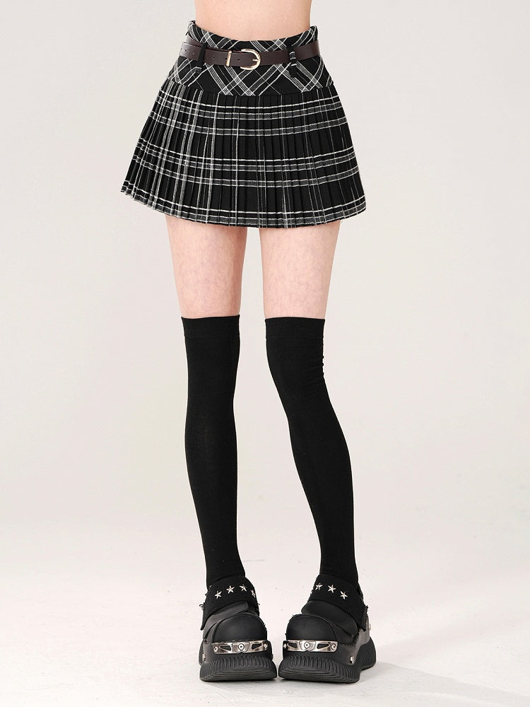 Black Plaid A-Line Mini Skirt with Belt