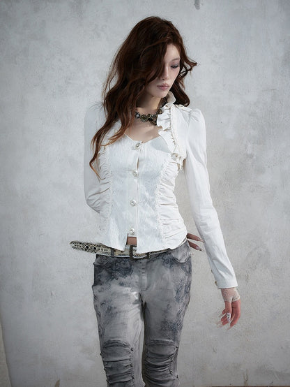 Rococo Punk White Faux Two-Piece Long Sleeve Blouse with Lace and Ruffle Trim - NO ROMANCE