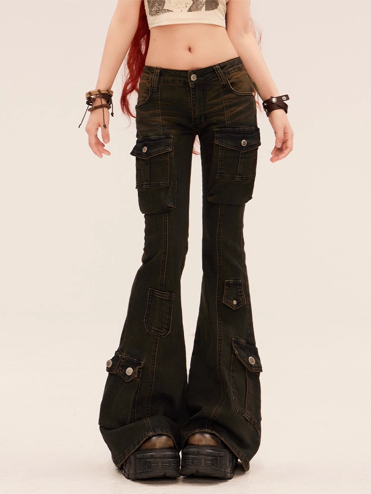 Pockets Flared Jeans Rise Cargo Black Low