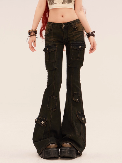 Pockets Flared Jeans Rise Cargo Black Low