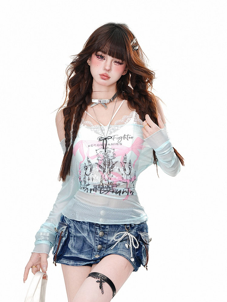 プリントメッシュ、華やかな蝶結び、トップネックライン、ブルー/ホワイト、セミシースルー、オフショルダー