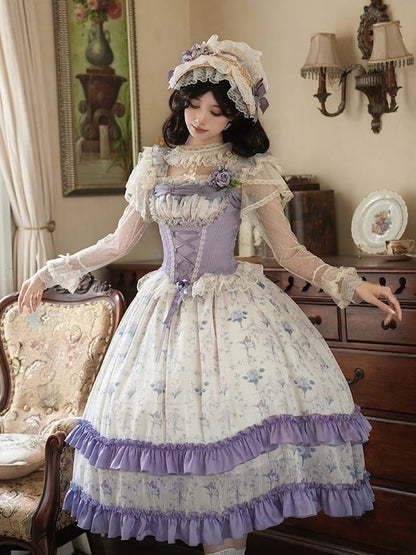 Print Floral Lolita Bodice Dress Skirt Jumper Classic Iris Corset Boned Purple
